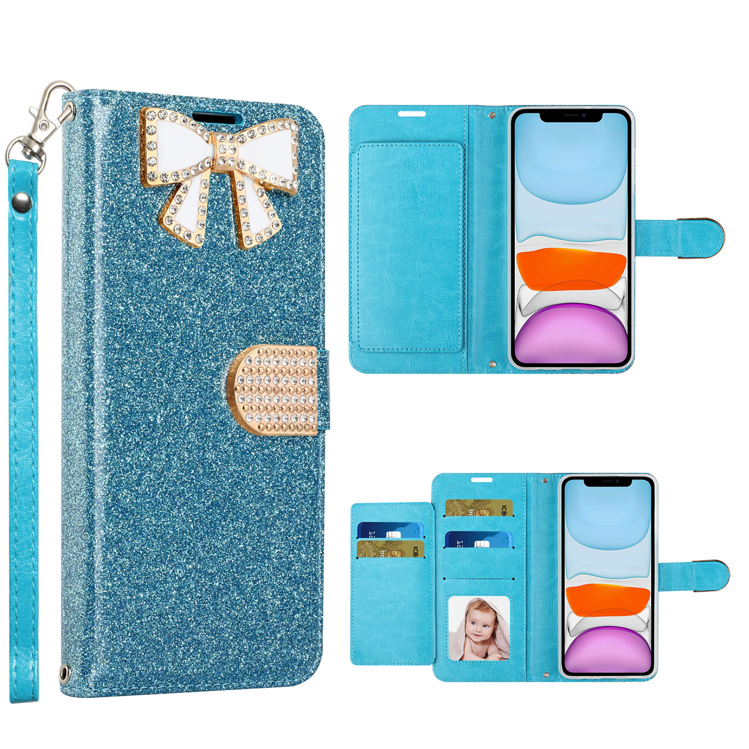 Ribbon Bow Crystal Diamond WALLET Case for Apple iPhone 11 [6.1] (Light Blue)